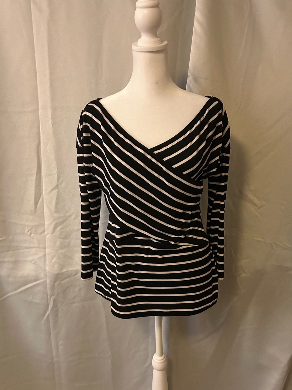Bold Elements Black & White Striped Wrap-Front Style Top